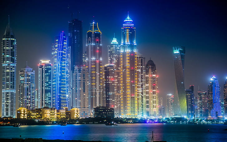 Dubai di malam hari, gedung pencakar langit, Dubai, Night, bangunan, Wallpaper HD