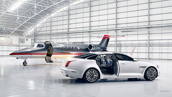Jaguar XJ, mobil, jet fighter, pesawat terbang, Jaguar (mobil), kendaraan, Wallpaper HD HD wallpaper
