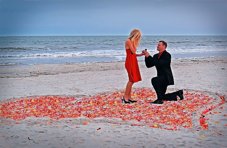 women's red dress, couple, love, proposal, beach, hearts, petals, tenderness, romance, HD wallpaper