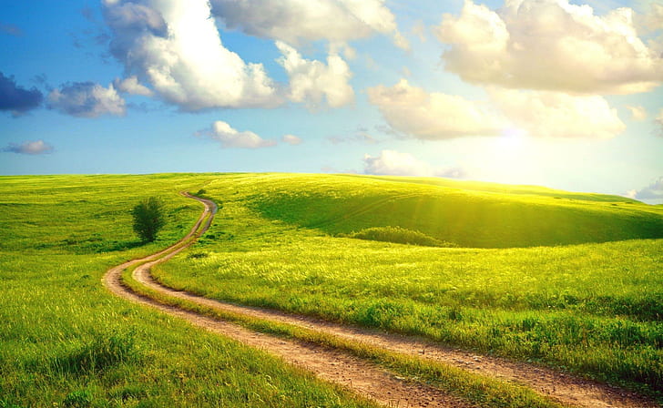 Caminho de campo, caminho, verde, branco, campo, pacífico, azul, nuvens, 3d e abstrato, HD papel de parede