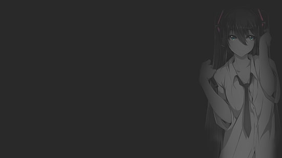 anime, anime girls, illustration, fan art, Vocaloid, minimalism, monochrome, dark background, selective coloring, music, Hatsune Miku, hair tail, green eyes, microphone, HD wallpaper HD wallpaper