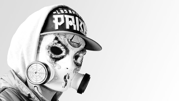 máscara de gás branca, mortos-vivos de Hollywood, máscara, monocromático, fundo simples, chapéu, HD papel de parede