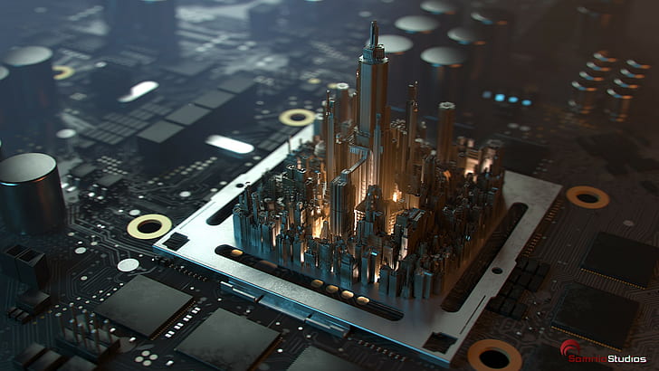 Seung Ho Henrik Holmberg, skyskrapa, skärpedjup, digital konst, kretsar, stad, PCB, CPU, processor, 3D, mikrochip, HD tapet