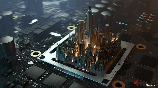 Seung Ho Henrik Holmberg, skyscraper, depth of field, digital art, circuits, city, PCB, CPU, processor, 3D, microchip, HD wallpaper HD wallpaper