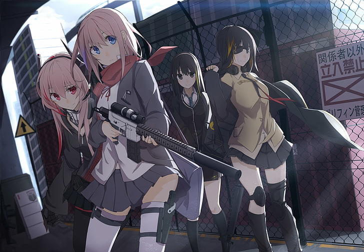 anime girls, group, guns, eyepatch, pink hair, fence, Anime, HD wallpaper