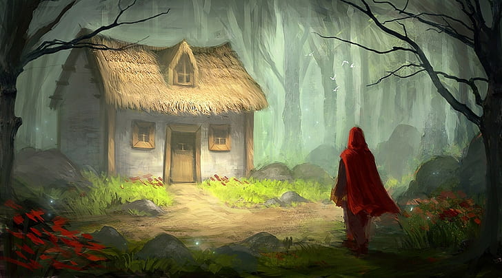 arte digitale fantasia arte fiaba cappuccetto rosso alberi foresta casa pittura erba pietre fiori, Sfondo HD