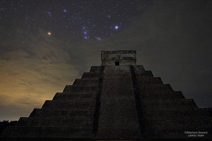 grey pyramid, Mexico, pyramid, Chichen Itza, ancient, stars, HD wallpaper