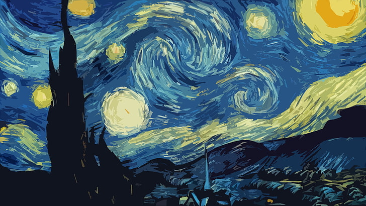 La notte stellata di Vincent Van Gogh pittura, pittura, Vincent van Gogh, astratto, La notte stellata, Sfondo HD