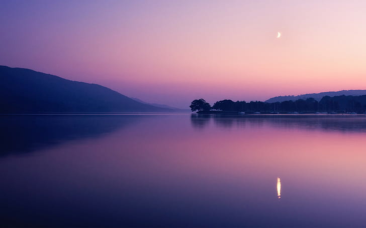 paysage, nature, eau, ciel, calme, eaux calmes, croissant de lune, reflet, lac, violet, Fond d'écran HD