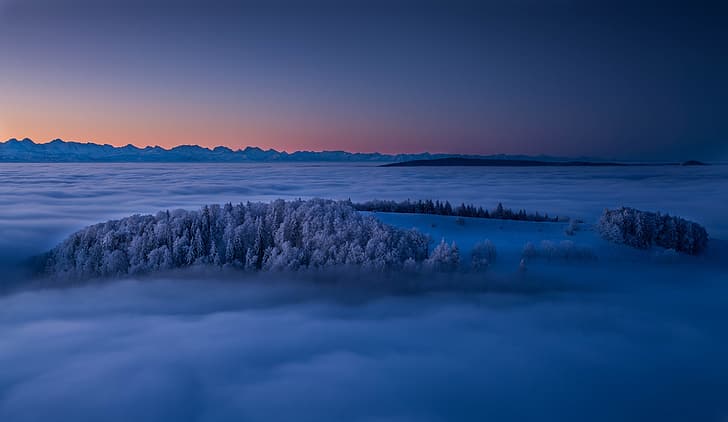 winter, trees, mountains, fog, sunrise, dawn, Switzerland, Jura, Jura Mountains, the Jura mountains, Canton Jura, HD wallpaper