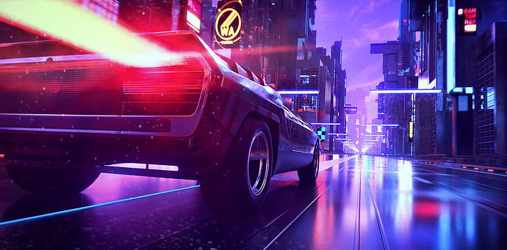 car, cityscape, street, vehicle, Retrowave, synthwave, city, HD wallpaper