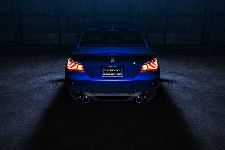 blue BMW sedan, BMW, Car, Eyes, Angel, Sport, View, E60, Rear, HD wallpaper