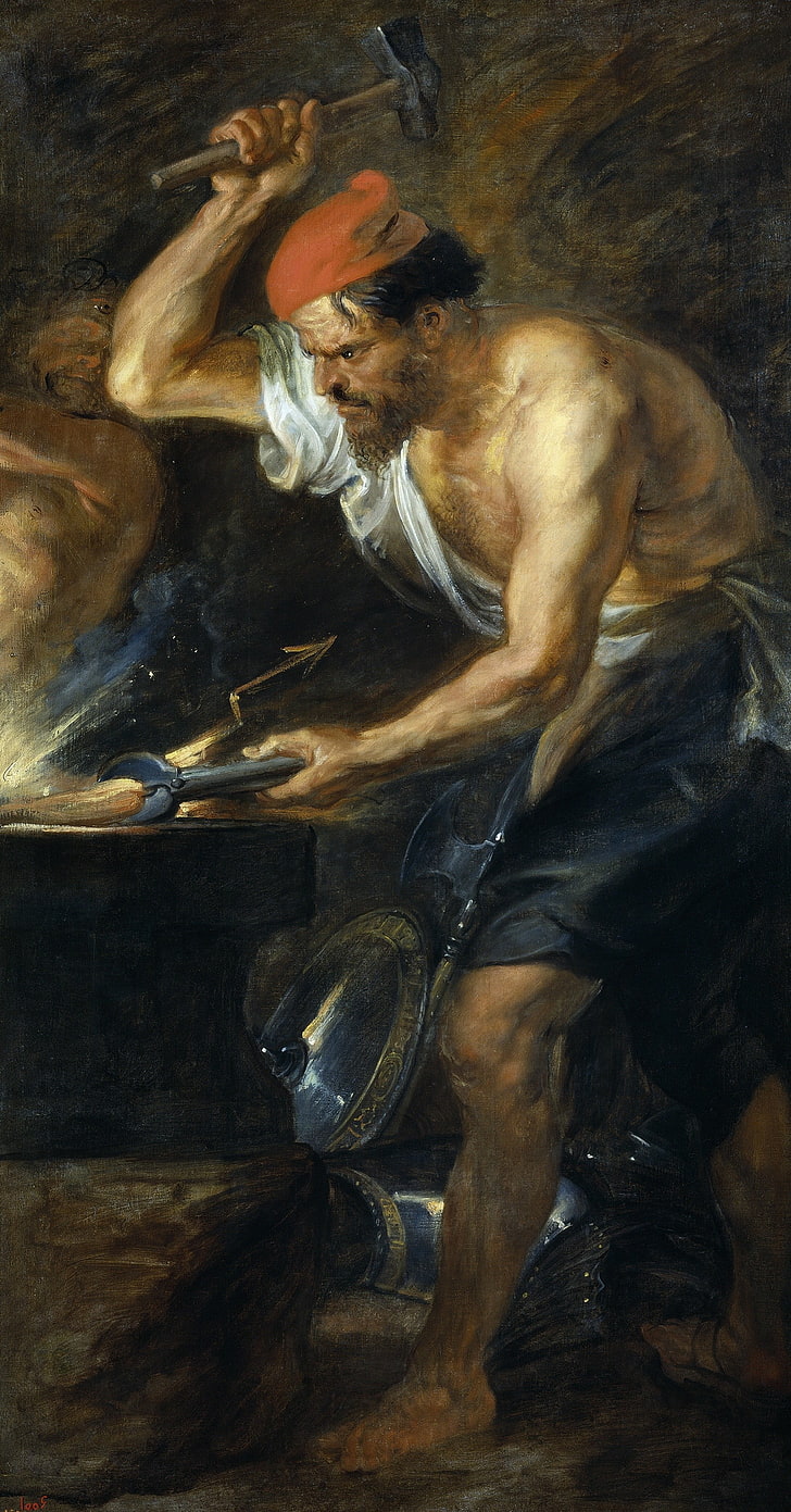 uomo in abito bianco e nero dipinto, mitologia greca, vulcaniano (dio romano), arte classica, pittura, Sfondo HD, sfondo telefono