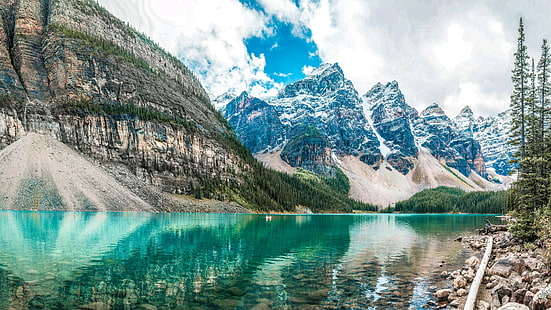 水、カナダ、アルバータ、国立公園、バンフ国立公園、空、ターン、モレーン、氷河湖、自然、10の峰の谷、湖、モレーン湖、山の湖、山、反射、荒野、 HDデスクトップの壁紙 HD wallpaper