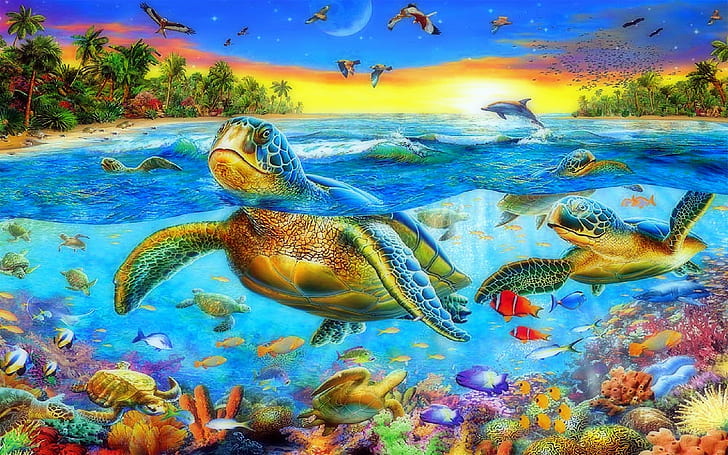 海オーシャンウミガメ水泳サンゴエキゾチックなカラフルな魚水中世界熱帯風景アート、 HDデスクトップの壁紙