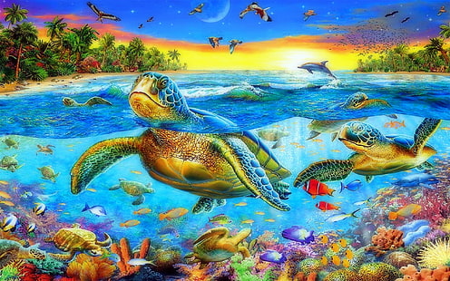海オーシャンウミガメ水泳サンゴエキゾチックなカラフルな魚水中世界熱帯風景アート、 HDデスクトップの壁紙 HD wallpaper