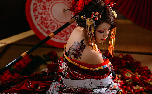 Традиционна японска жена татуировка HD тапети, момичета, момиче, красива, хора, жена, Япония, японска, красота, модел, азиатски, чадър, традиционна, култура, lillian, wagasa, OilPaperUmbrella, HD тапет HD wallpaper