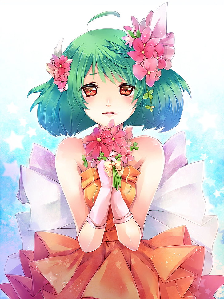 anime, bride, flower, girl, green, hair, pink, pretty, HD wallpaper