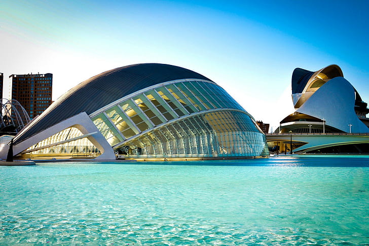 Испания, Валенсия, Испания, Валенсия, Город искусств и наук, город, здания, архитектура, река, вода, синий, мост, HD обои