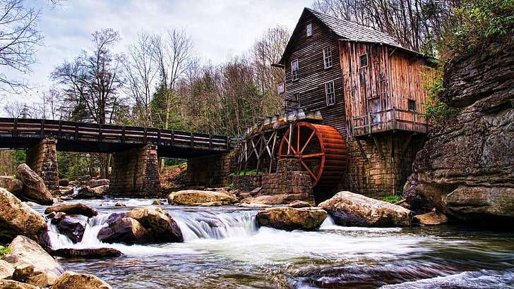 glade creek grist mill, nature, babcock state park, stream, tree, river, landscape, west virginia, bridge, united states, creek, water, state park, HD wallpaper