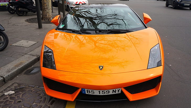 Lamborghini Gallardo arancione supercar vista frontale, riflessione, città, Lamborghini, arancione, Supercar, anteriore, vista, riflessione, città, Sfondo HD