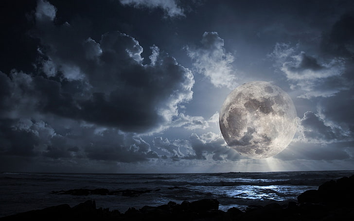 круглая серая луна, река, небо, вечер, HD обои