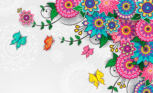 illustration de fleurs et de papillons de couleurs assorties, papillon, fleurs, modèle, Fond d'écran HD HD wallpaper