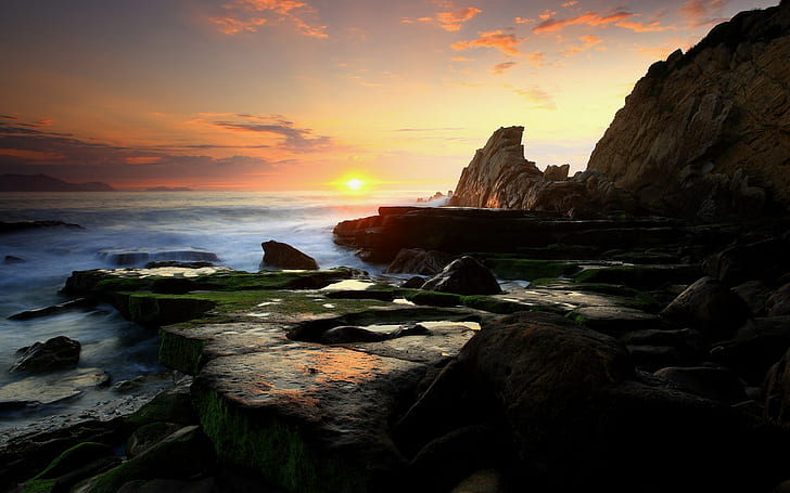 nature, paysage, coucher de soleil, rocher, côte, vagues, mer, photographie, eau, formation rocheuse, Fond d'écran HD