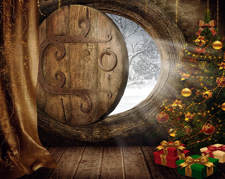 Árbol de navidad con una variedad de decoraciones, luz, vacaciones, bolas, gráficos, año nuevo, la puerta, chispas, regalos, cuentas, árbol, persiana, cortina, caja, EROSKI, Fondo de pantalla HD