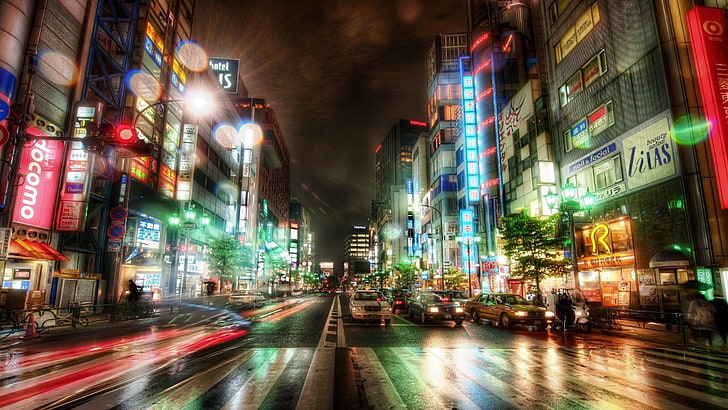 المدينة ، المساء ، أضواء النيون ، الشارع ، الحياة الليلية ، وسط المدينة ، آسيا ، اليابان ، طوكيو ، السيارات ، العاصمة ، مناظر المدينة ، منطقة العاصمة ، حركة المرور ، الإشارات الكهربائية ، الليل ، أضواء المدينة ، الحركة، خلفية HD