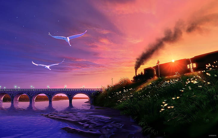 Кагая, прекрасно, поезд, дым, приятно, красиво, птица, закат, вода, океан, сладко, красиво, река, полет, восход, красота, HD обои
