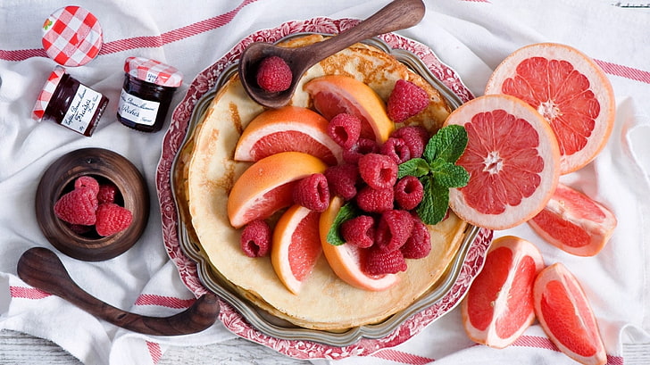 sliced fruits, pancakes, fruit, citrus, grapefruit, jam, HD wallpaper
