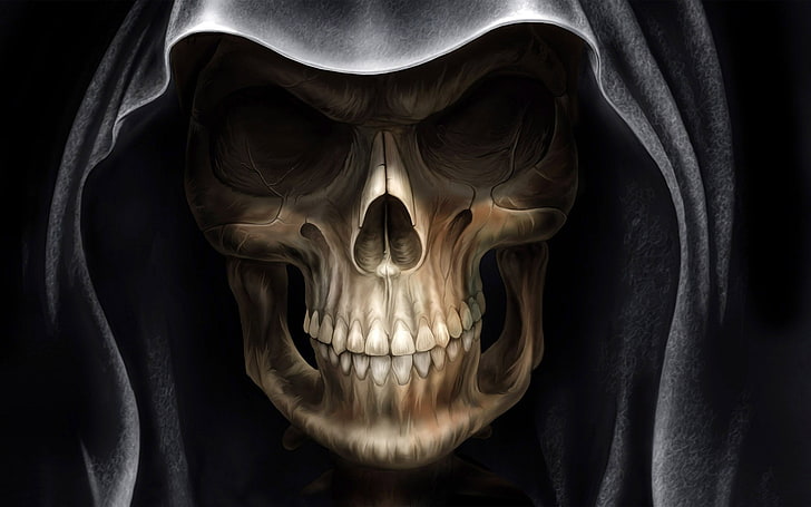 teschio marrone con carta da parati cappuccio nero, Dark, Grim Reaper, Death, Skull, Sfondo HD