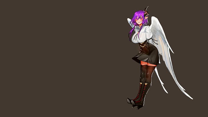 angel wings, arms behind back, bangs, black legwear, boots, black boots, black footwear, black skirts, gray background, long hair, high heeled boots, high heels, black high-heels, horns, knee-high boots, thigh-highs, black thigh-highs, blush, blushing, long sleeves, looking at viewer, twintails, pointy ears, Puffy Sleeves, purple hair, shirt, blouse, white blouse, simple background, skirt, smile, purple eyes, white shirt, wings, feathers, zettai ryouiki, tie, HD wallpaper
