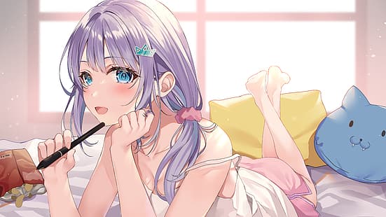 横になっている、アニメの女の子、紫の髪、赤面、笑顔、 HDデスクトップの壁紙 HD wallpaper