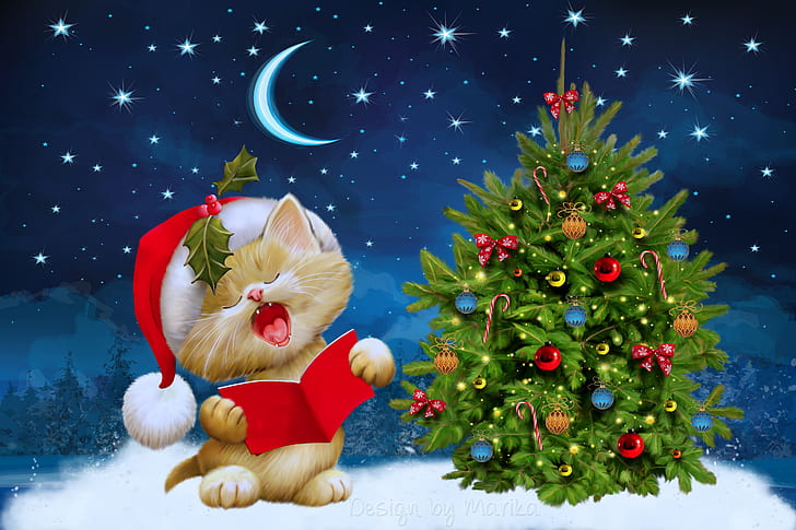 winter, stars, snow, night, kitty, the moon, tree, New Year, Christmas, kitten, Christmas eve, santa, Merry, Design by Marika, HD wallpaper