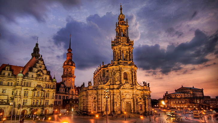 Дрезден, Германия, городской пейзаж, HDR, огни, церковь, облака, HD обои