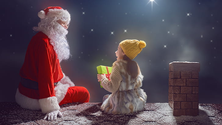 سانتا كلوز ، طفل ، هدية ، سقف ، مدخنة ، على السطح ، عيد الميلاد ، ليلة ، 5k uhd، خلفية HD