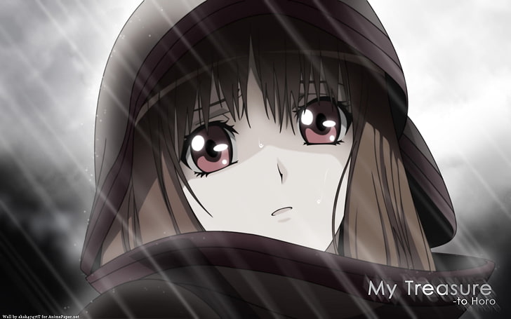 brown haired female illustration, spice and wolf, girl, brunette, grief, look, hoody, HD wallpaper