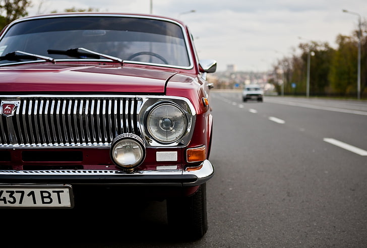 kendaraan merah klasik, retro, latar belakang, Wallpaper, Uni Soviet, klasik, legenda, Volga, Gas 24, Gaz, ceri, Wallpaper HD