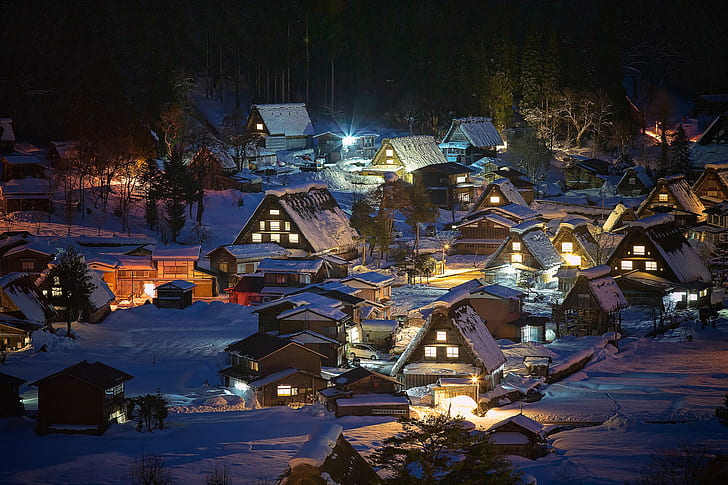 inverno, foresta, neve, alberi, paesaggio, natura, villaggio, casa, sera, ghiaccioli, Giappone, illuminazione, neve, Shirakawa-go, Sfondo HD
