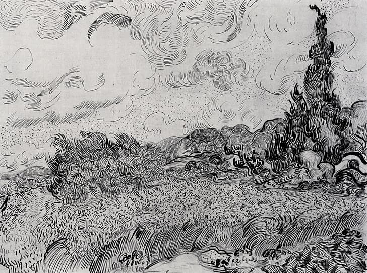 Vincent van Gogh, hitam dan putih, Ladang Gandum dengan Cypresses, Wallpaper HD