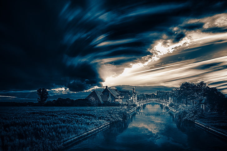 mavi ve beyaz soyut resim, Stefan Kierek, karanlık, nehir, köprü, gökyüzü, dijital sanat, manzara, 500 piksel, HD masaüstü duvar kağıdı