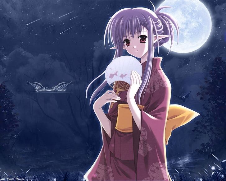 animated woman character illustration, girl, elf kimono, fan, moon, night, HD wallpaper