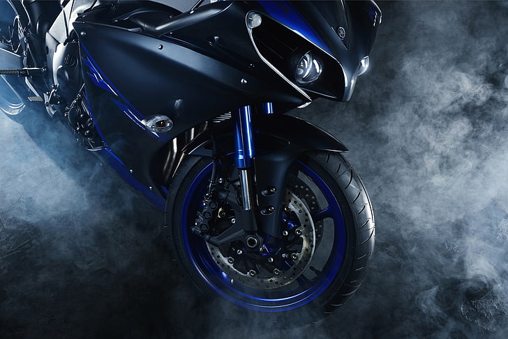 black and blue sports bike, motorcycle, motorbike, Yamaha YZF R1, HD wallpaper