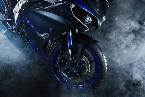 black and blue sports bike, motorcycle, motorbike, Yamaha YZF R1, HD wallpaper HD wallpaper