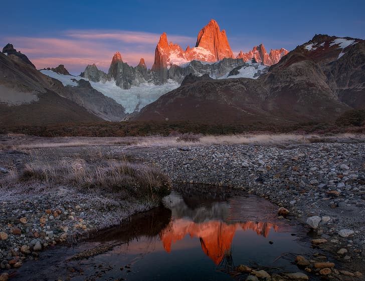 mountains, Fitz Roy, el chalten, Patagonia, sunset, rocks, snow, clear sky, HD wallpaper