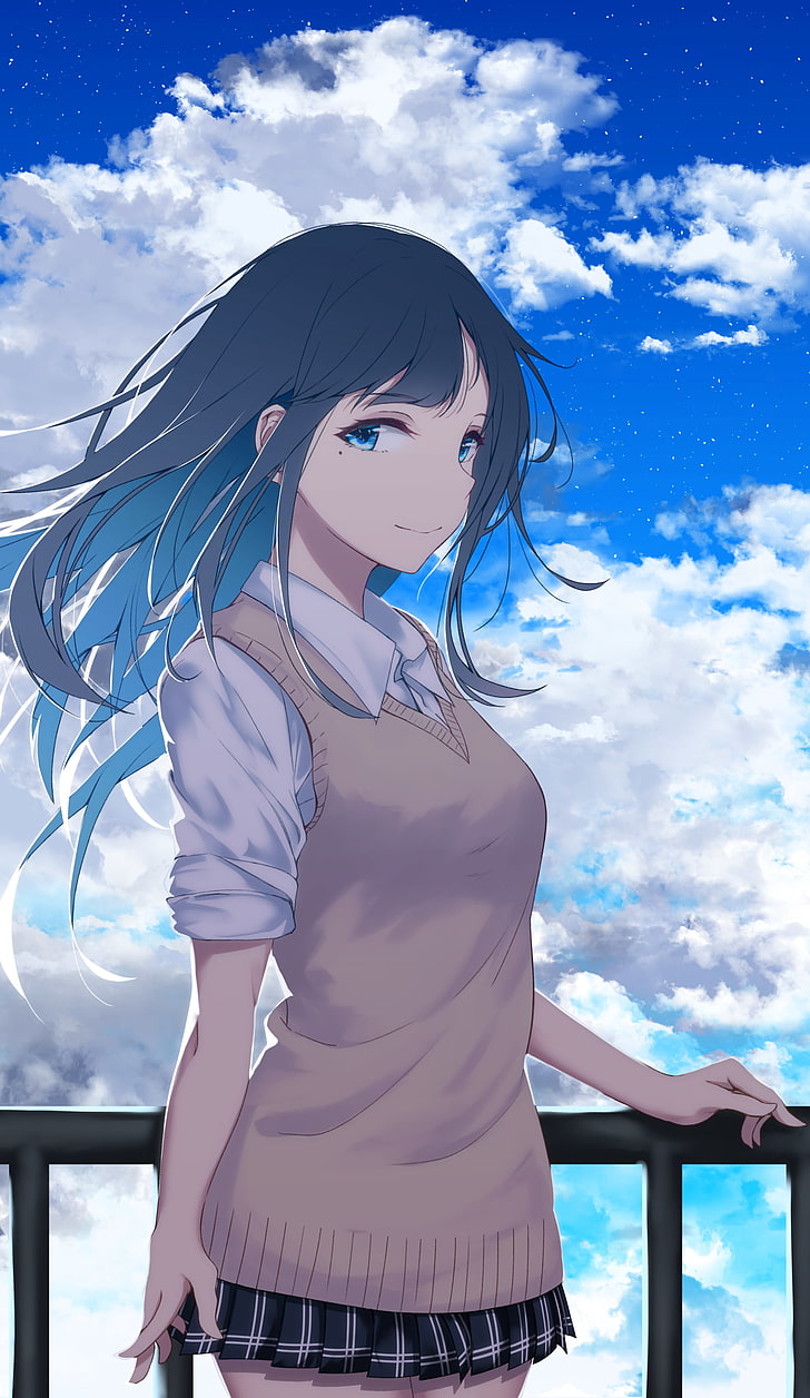 anime, anime girls, sweater, sky, clouds, long hair, blue eyes, blue hair, HD wallpaper