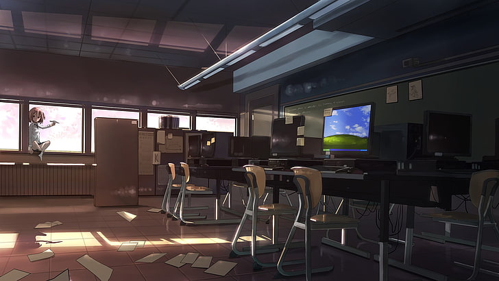 شاشة كمبيوتر مسطحة ، غرفة ، فتيات أنيمي ، حجرة الدراسة ، شخصيات أصلية، خلفية HD
