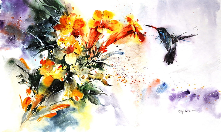 Hummingbird, art, bird, pasare, flower, yellow, colibri, watercolor, HD wallpaper